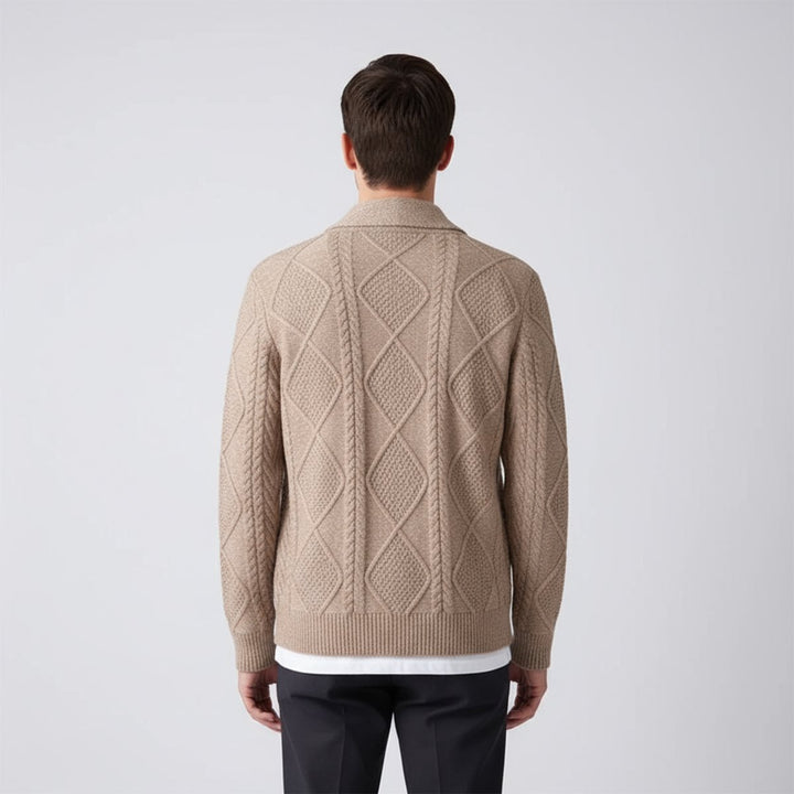 Men's Cable-Knit Wool Cardigan Shawl-Collar Button-Up Jumper