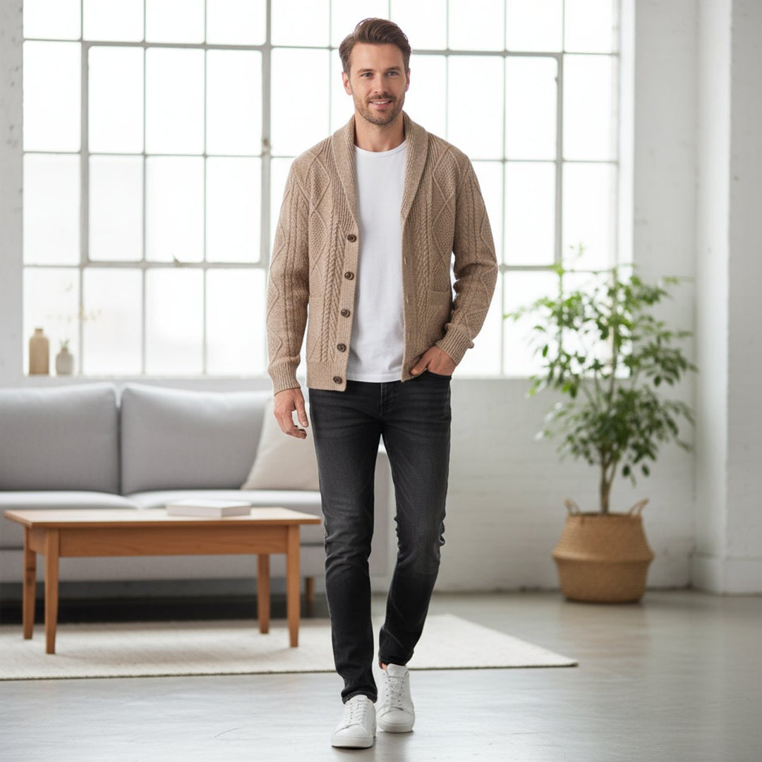 Men's Cable-Knit Wool Cardigan Shawl-Collar Button-Up Jumper