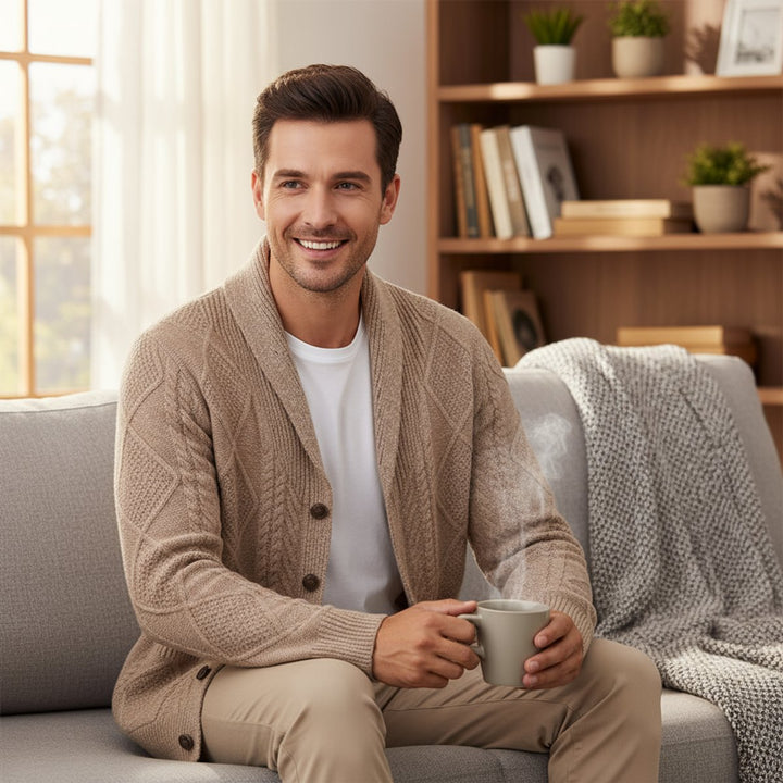 Men's Cable-Knit Wool Cardigan Shawl-Collar Button-Up Jumper