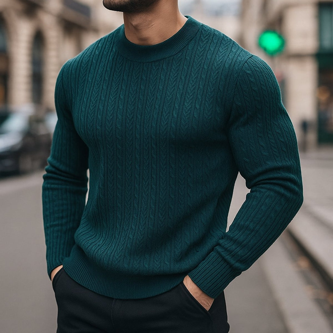 Mens Cable-Knit Wool Crew-Neck Jumper Slim Fit