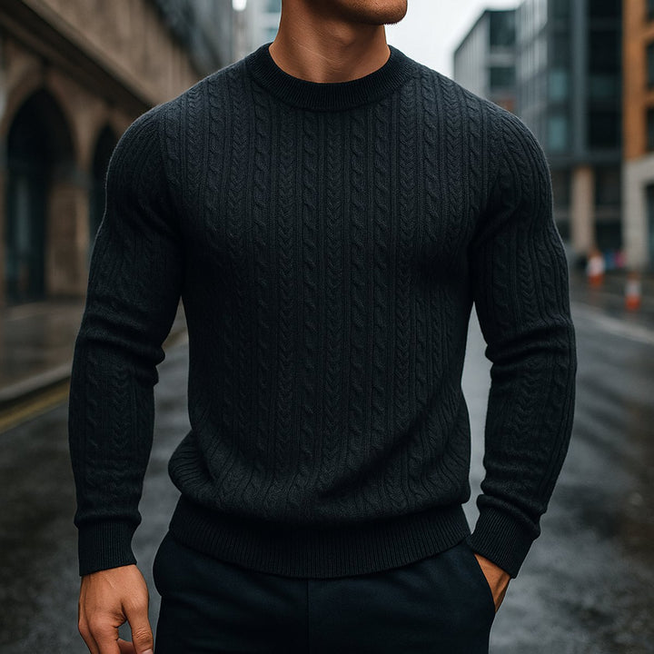 Mens Cable-Knit Wool Crew-Neck Jumper Slim Fit