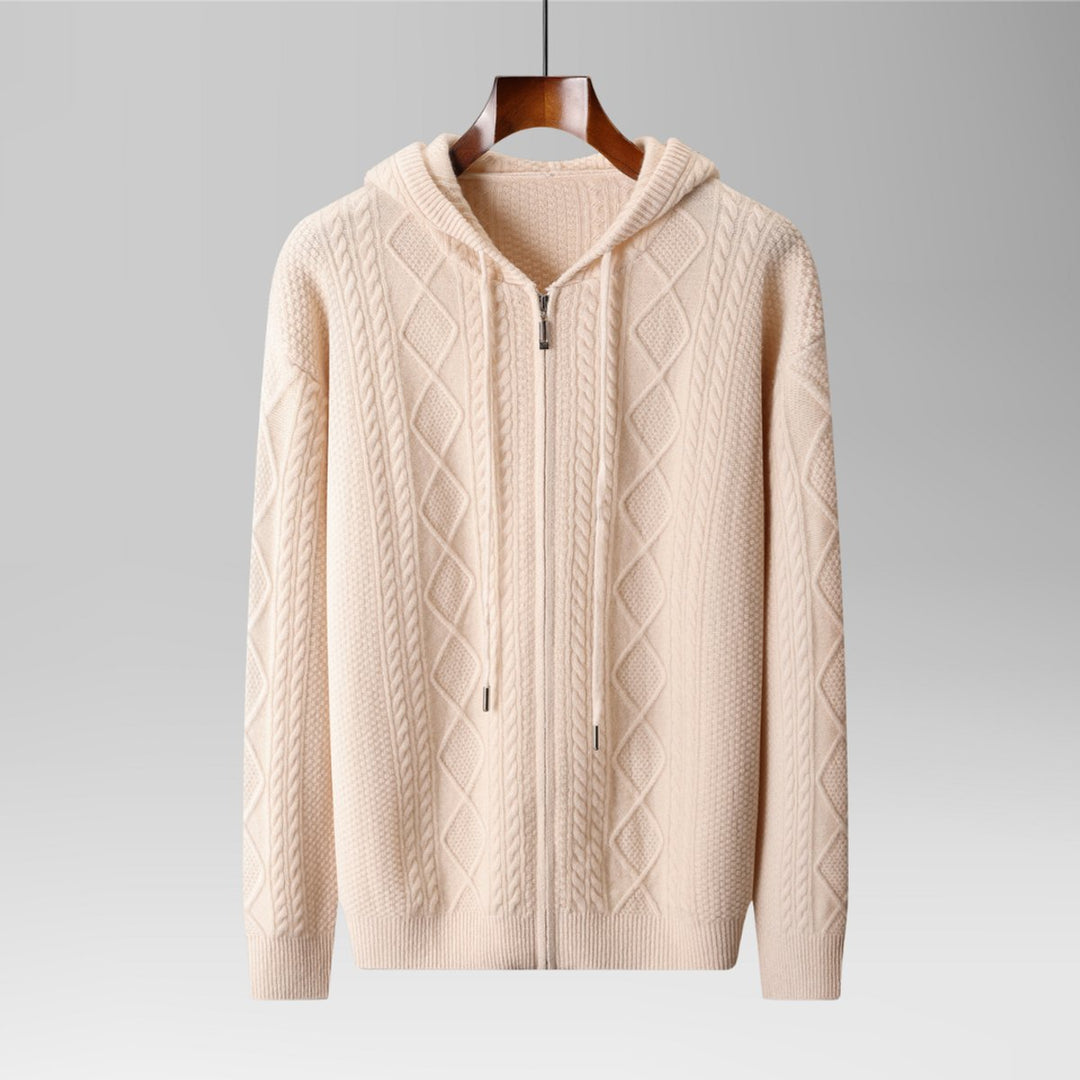 Mens Cable-Knit Zip Hoodie Cashmere Relaxed Fit Jumper