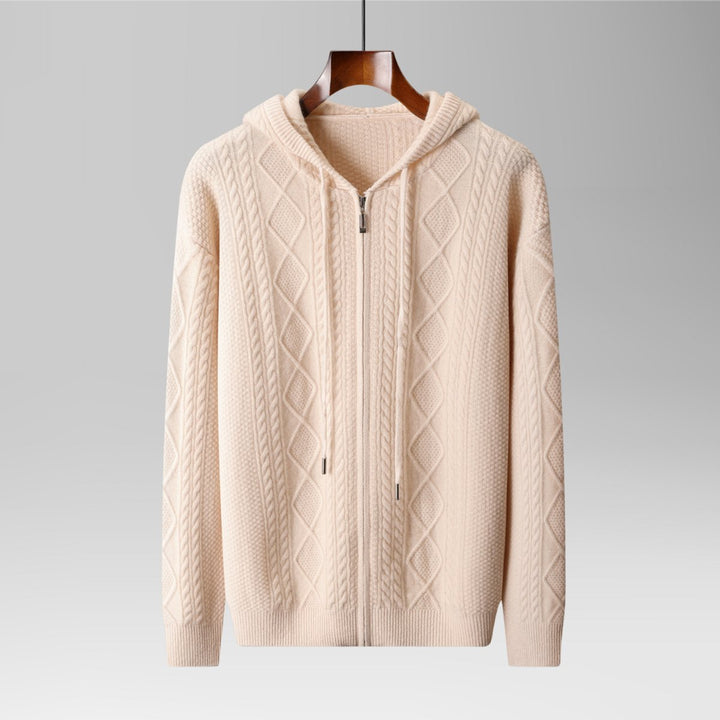 Mens Cable-Knit Zip Hoodie Cashmere Relaxed Fit Jumper