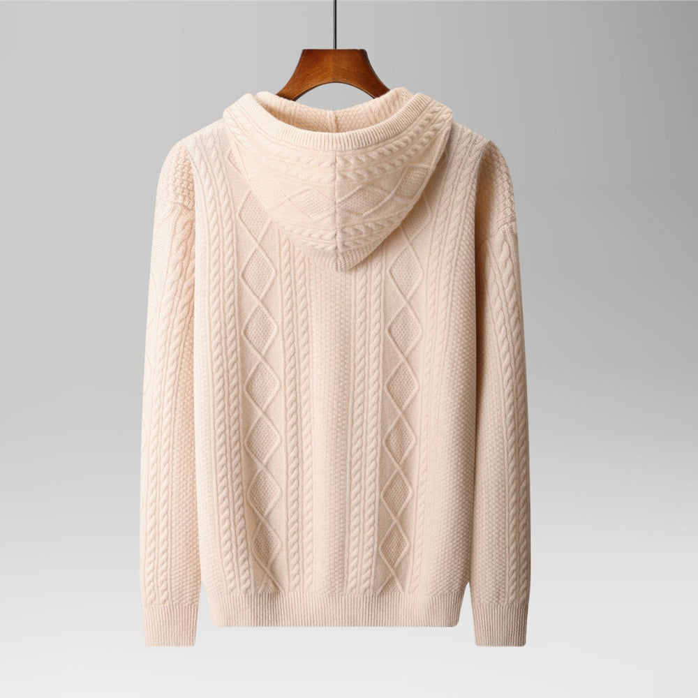 Mens Cable-Knit Zip Hoodie Cashmere Relaxed Fit Jumper