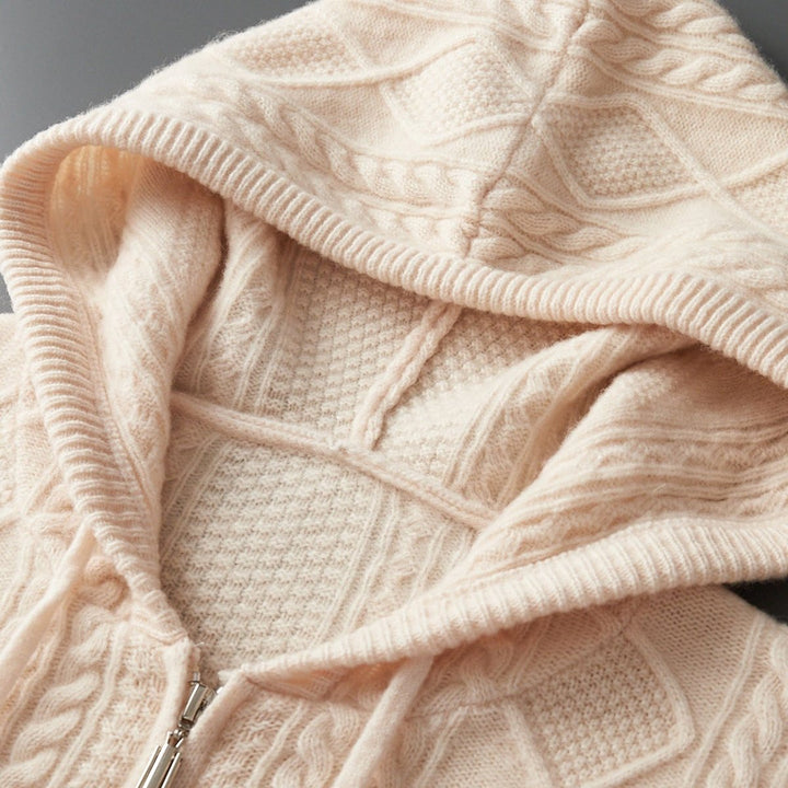 Mens Cable-Knit Zip Hoodie Cashmere Relaxed Fit Jumper