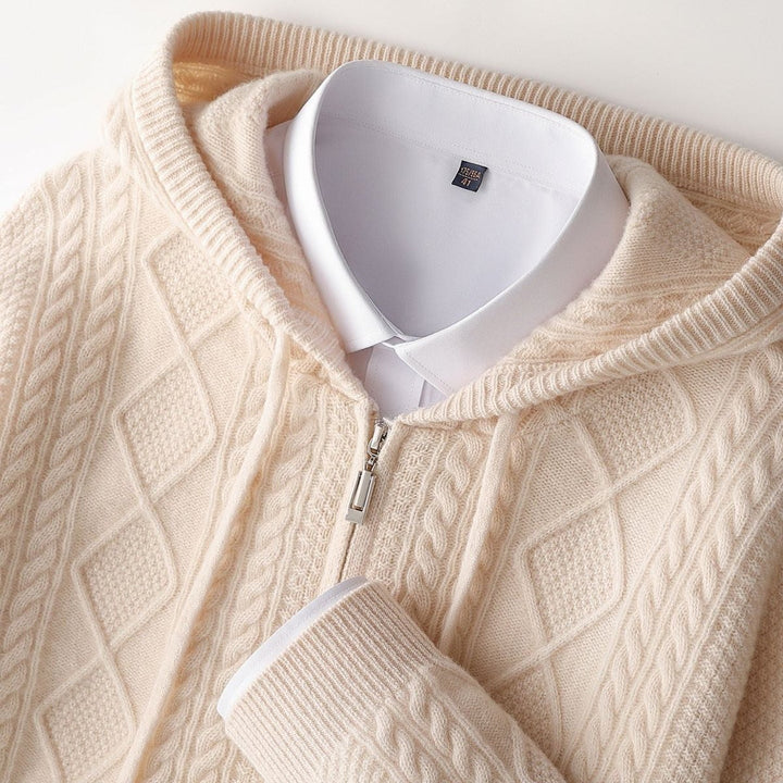 Mens Cable-Knit Zip Hoodie Cashmere Relaxed Fit Jumper
