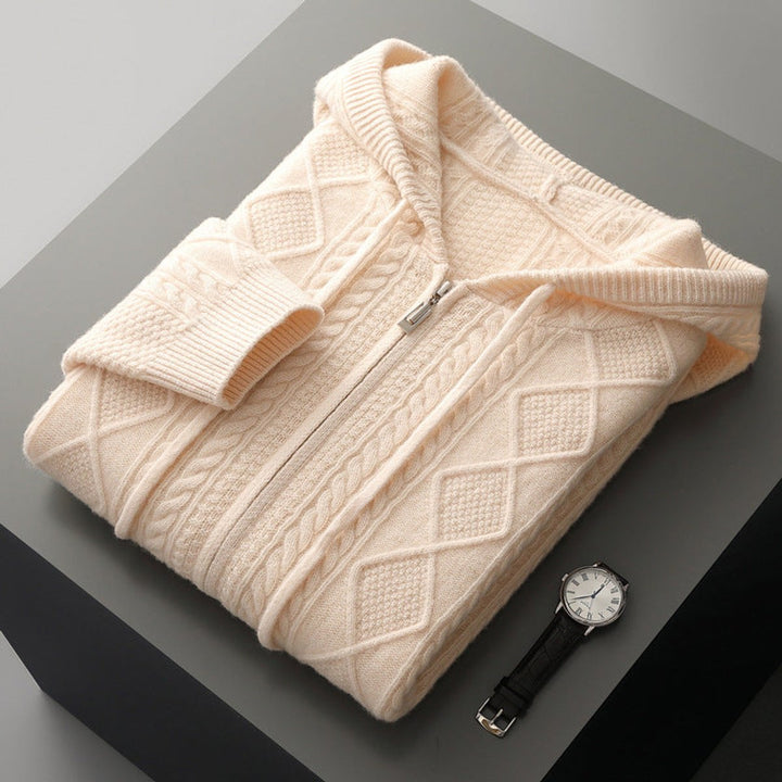 Mens Cable-Knit Zip Hoodie Cashmere Relaxed Fit Jumper