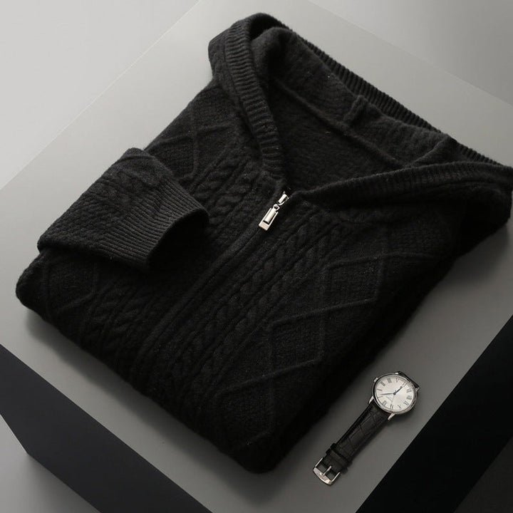 Mens Cable-Knit Zip Hoodie Cashmere Relaxed Fit Jumper