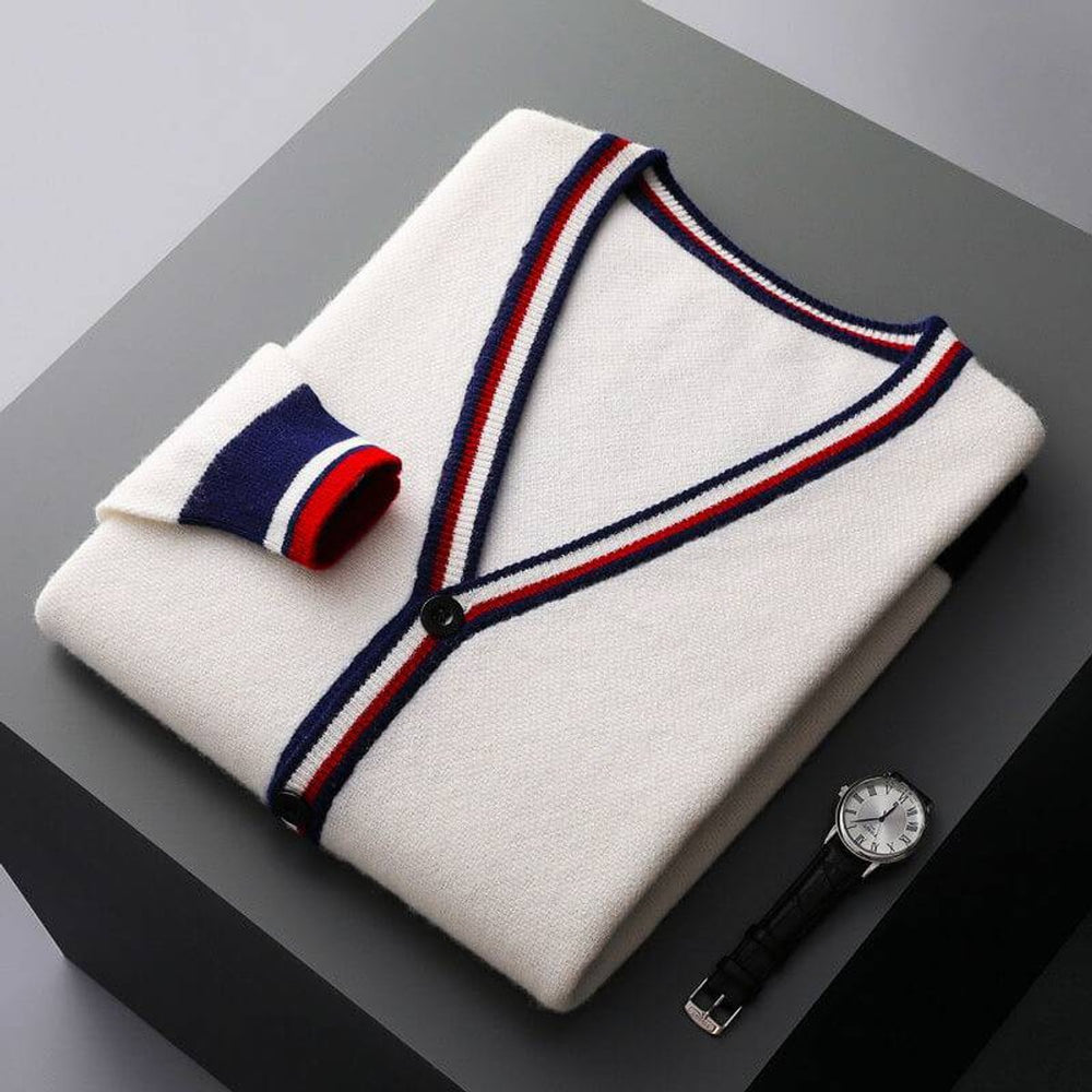 Mens Cardigan Fine-Knit Wool Blend V-Neck Striped Trim Jumper