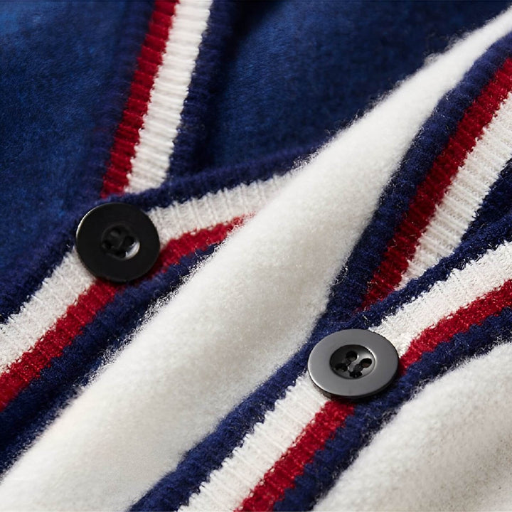 Mens Cardigan Fine-Knit Wool Blend V-Neck Striped Trim Jumper