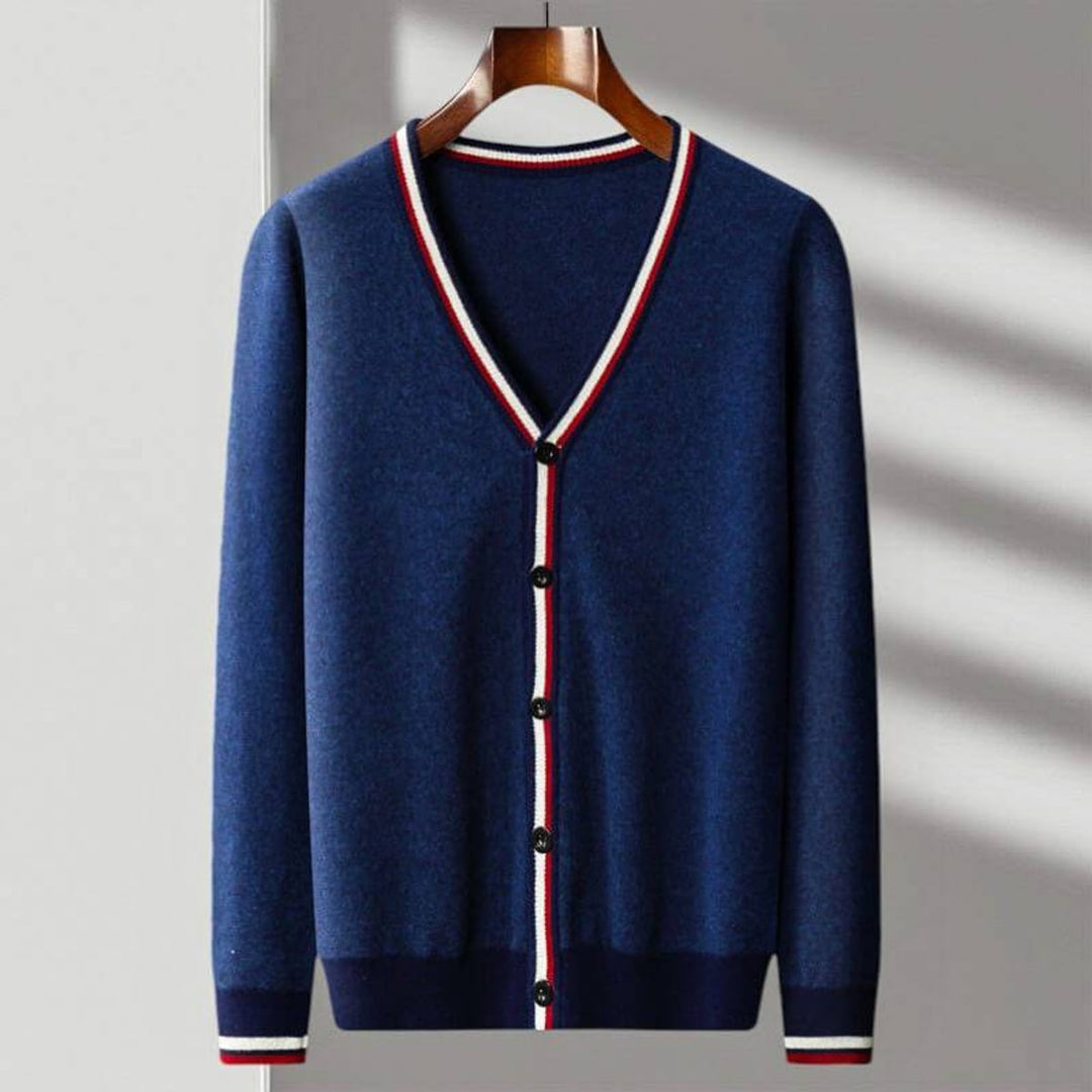 Mens Cardigan Fine-Knit Wool Blend V-Neck Striped Trim Jumper