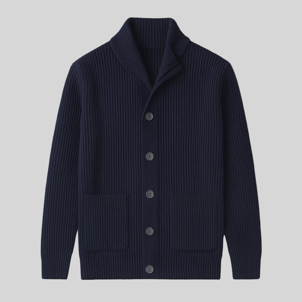 Mens Cardigan Heavyweight Ribbed Cotton-Wool Shawl Collar Button-Front Knit