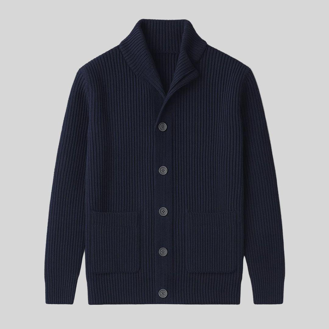 Mens Cardigan Heavyweight Ribbed Cotton-Wool Shawl Collar Button-Front Knit