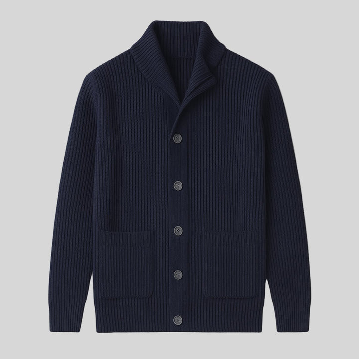 Mens Cardigan Heavyweight Ribbed Cotton-Wool Shawl Collar Button-Front Knit