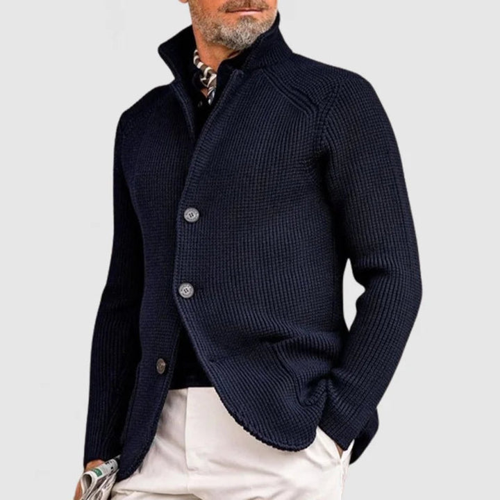 Mens Cardigan Heavyweight Ribbed Cotton-Wool Shawl Collar Button-Front Knit