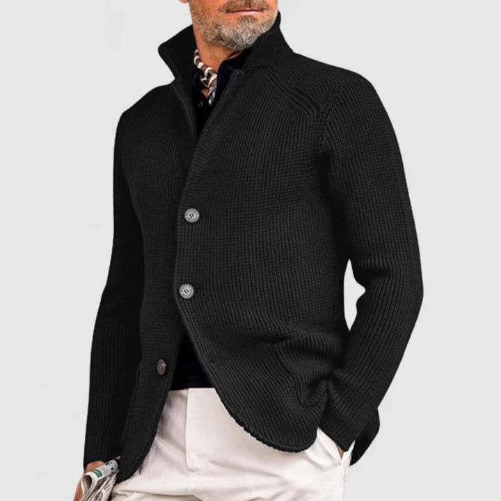Mens Cardigan Heavyweight Ribbed Cotton-Wool Shawl Collar Button-Front Knit