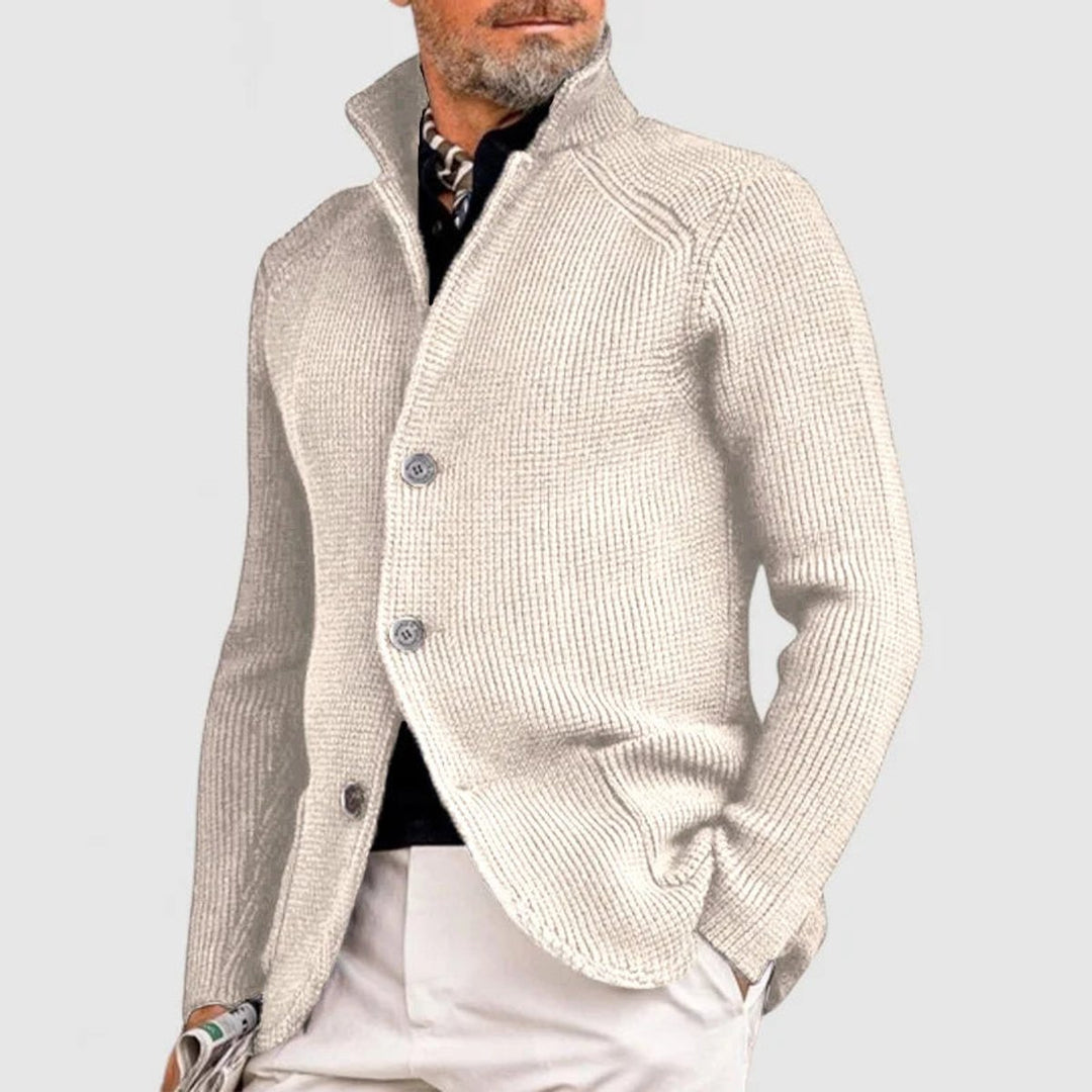 Mens Cardigan Heavyweight Ribbed Cotton-Wool Shawl Collar Button-Front Knit