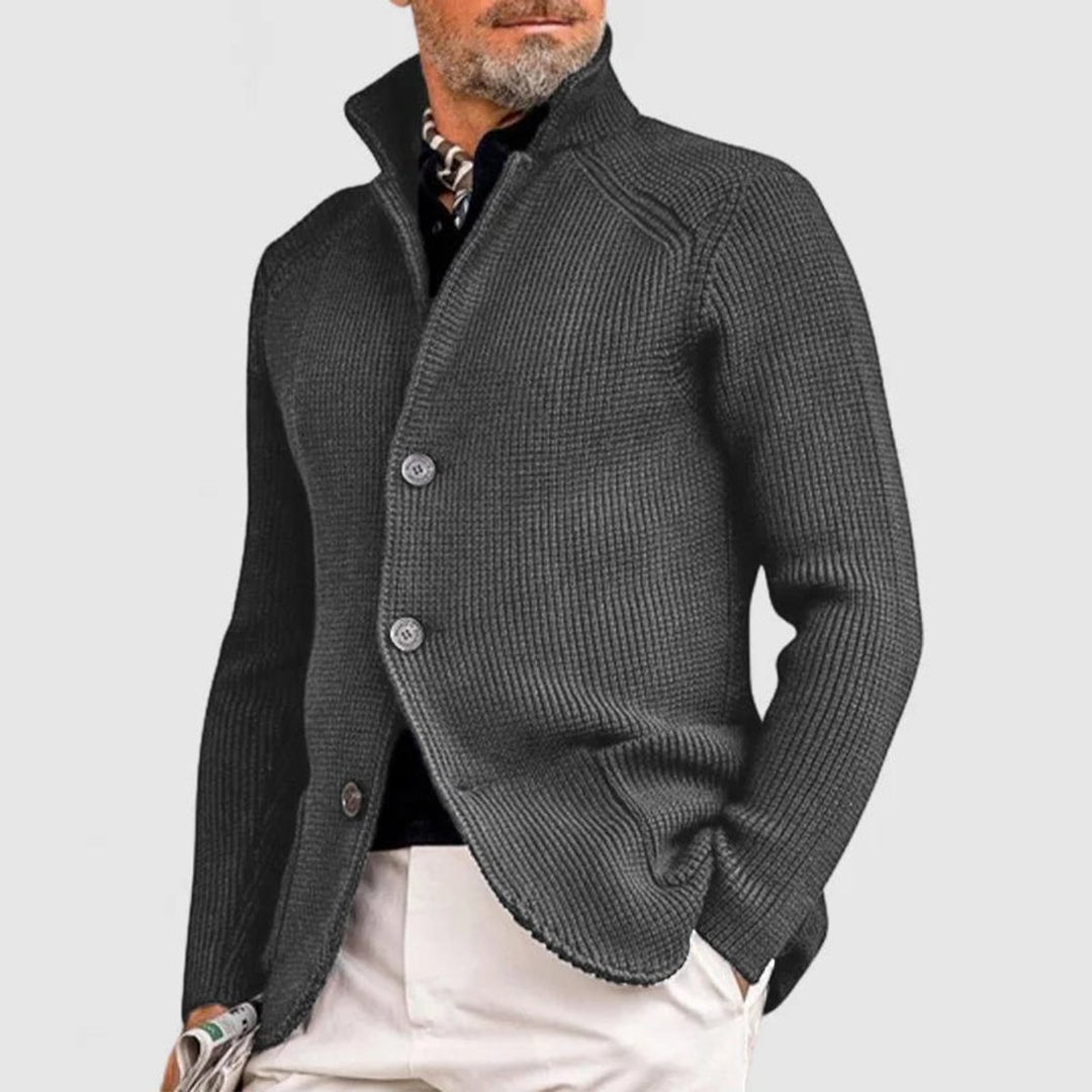Mens Cardigan Heavyweight Ribbed Cotton-Wool Shawl Collar Button-Front Knit