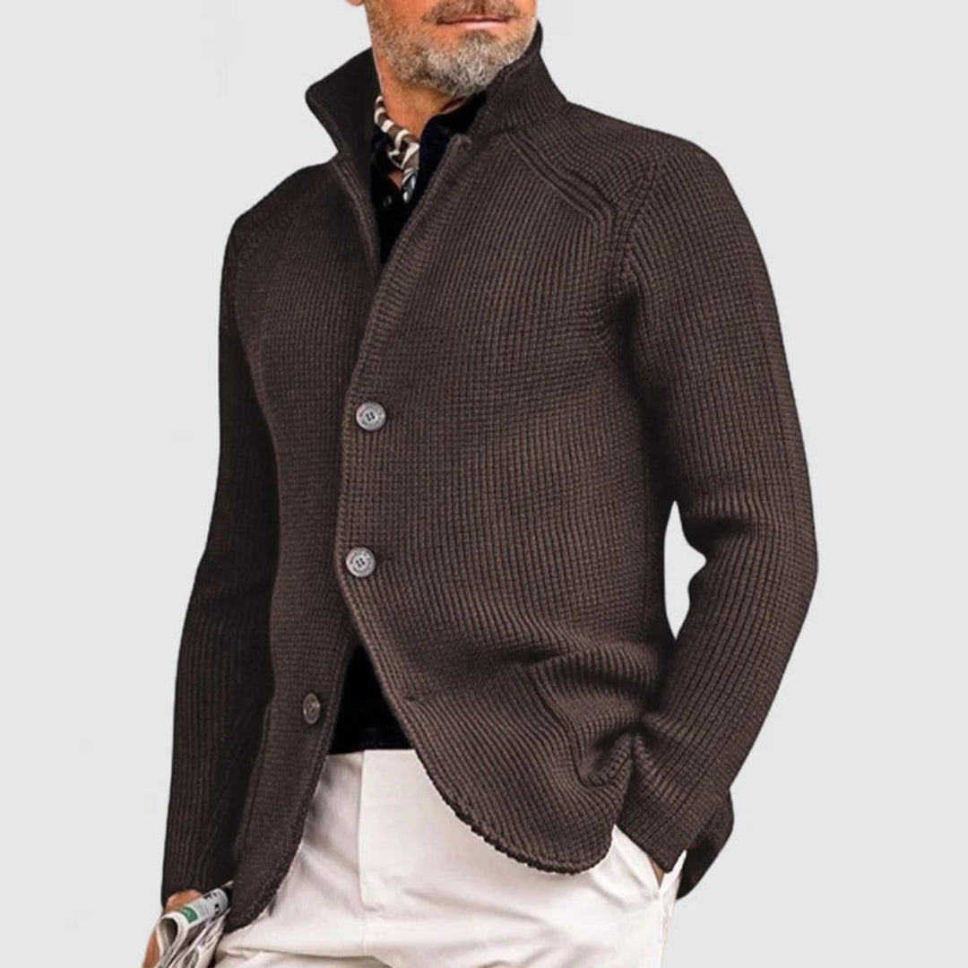 Mens Cardigan Heavyweight Ribbed Cotton-Wool Shawl Collar Button-Front Knit