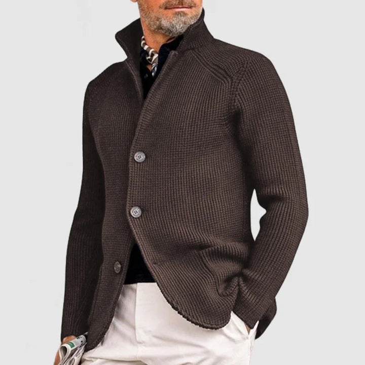 Mens Cardigan Heavyweight Ribbed Cotton-Wool Shawl Collar Button-Front Knit