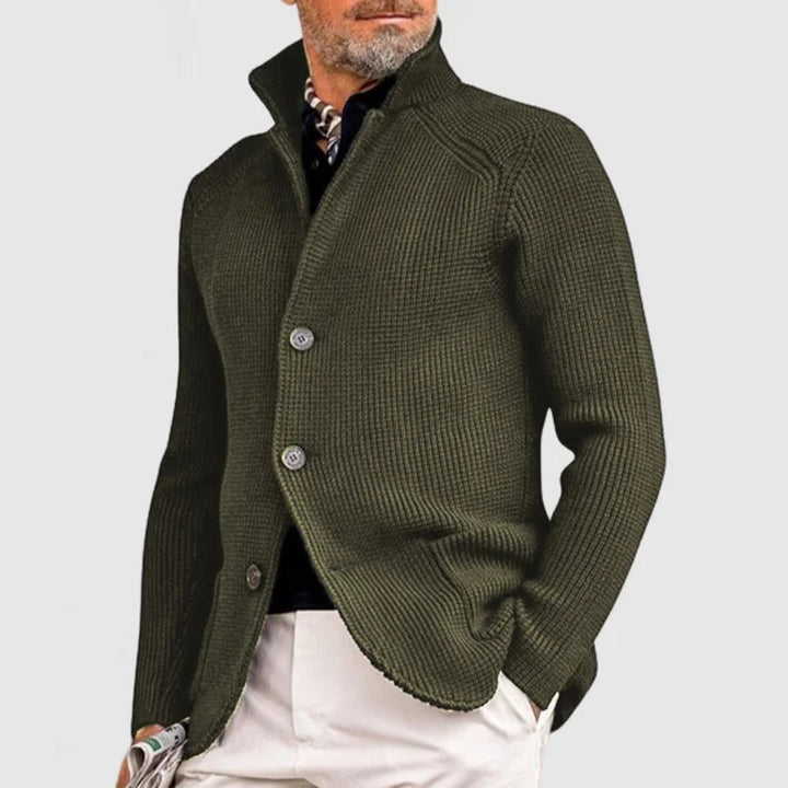 Mens Cardigan Heavyweight Ribbed Cotton-Wool Shawl Collar Button-Front Knit
