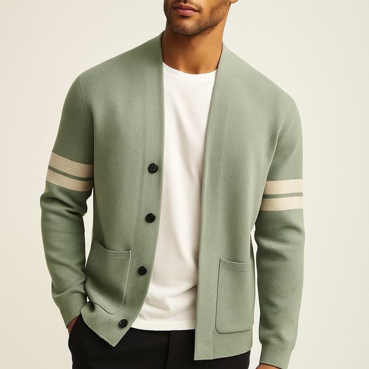 Mens Cardigans Merino Wool Blend Button-Up Stripe Sleeve Knit