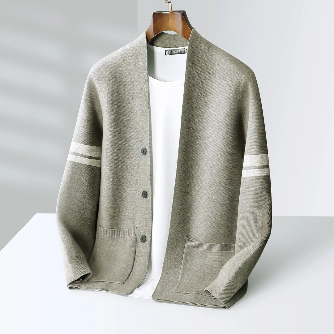 Mens Cardigans Merino Wool Blend Button-Up Stripe Sleeve Knit
