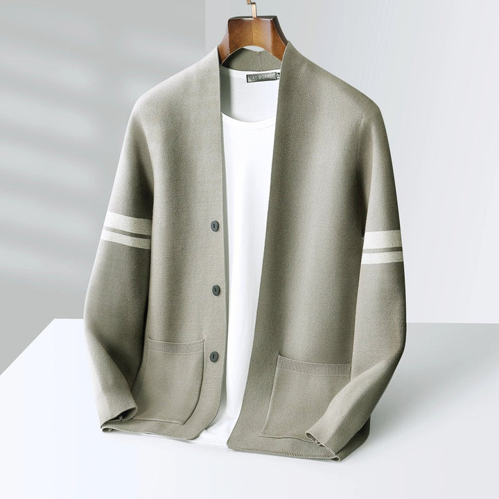 Mens Cardigans Merino Wool Blend Button-Up Stripe Sleeve Knit