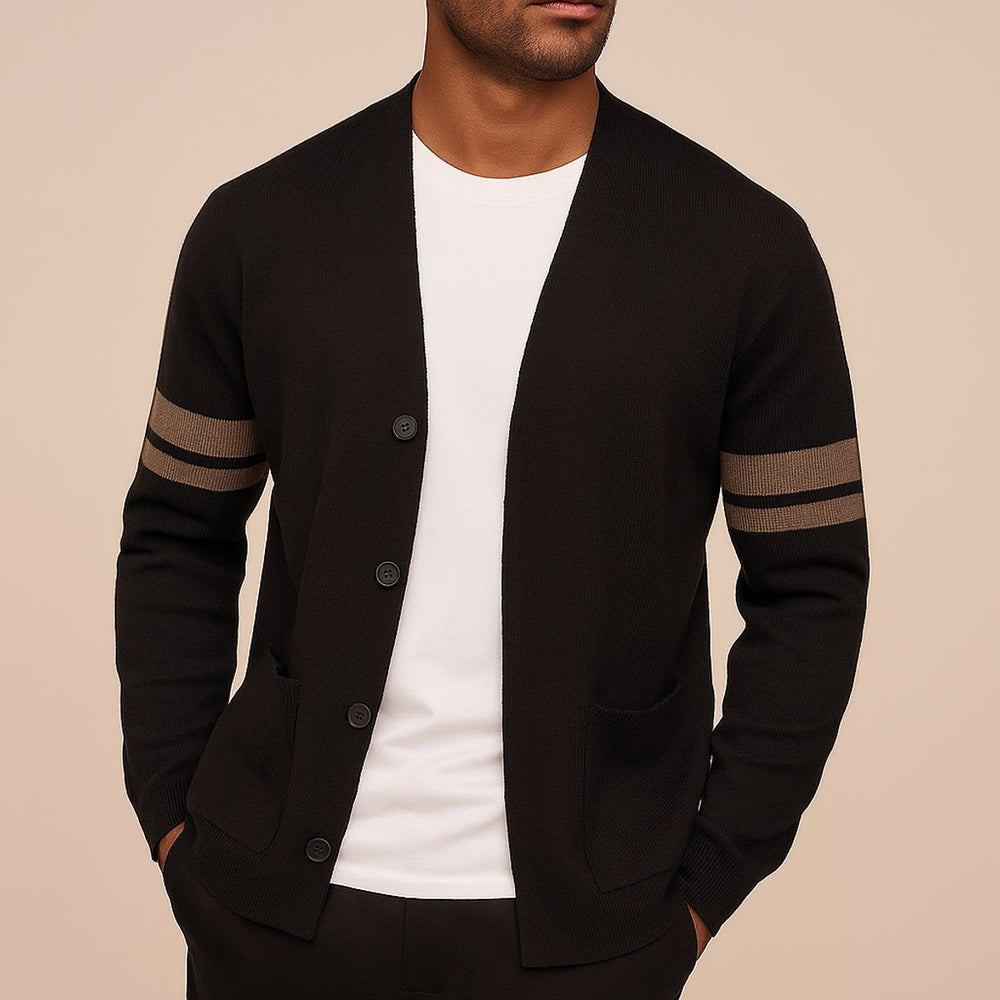 Mens Cardigans Merino Wool Blend Button-Up Stripe Sleeve Knit