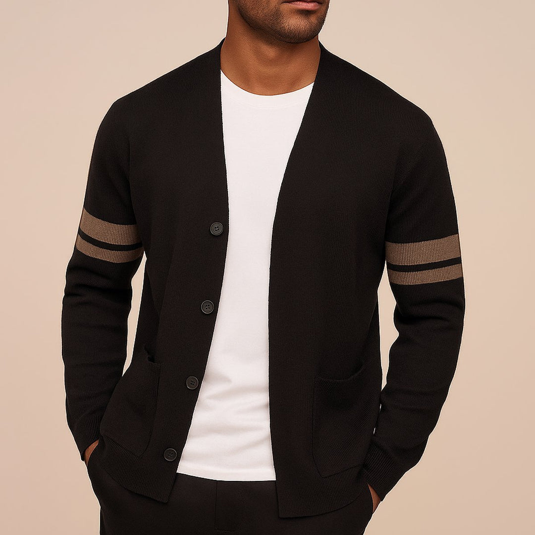 Mens Cardigans Merino Wool Blend Button-Up Stripe Sleeve Knit