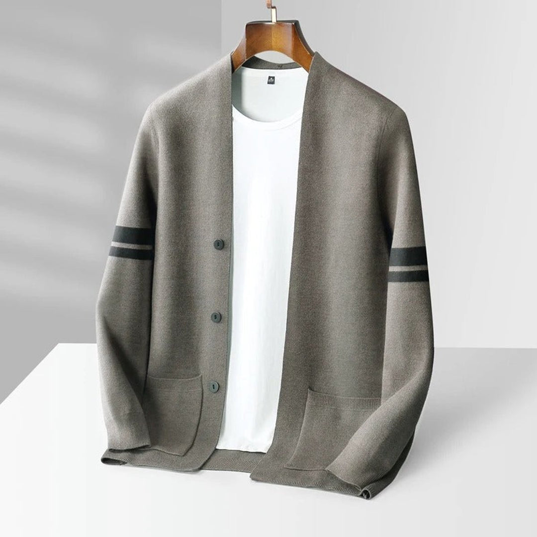 Mens Cardigans Merino Wool Blend Button-Up Stripe Sleeve Knit
