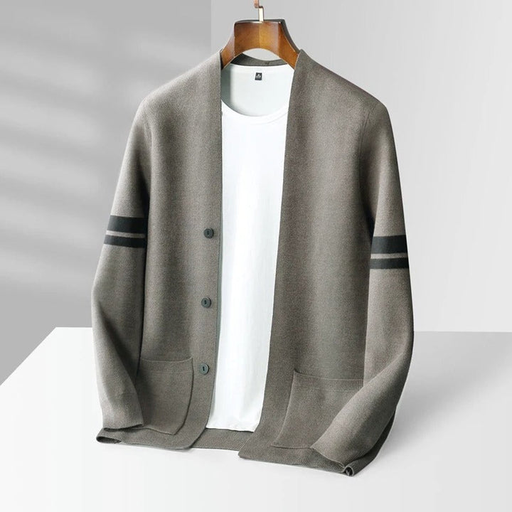 Mens Cardigans Merino Wool Blend Button-Up Stripe Sleeve Knit