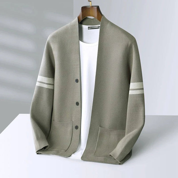 Mens Cardigans Merino Wool Blend Button-Up Stripe Sleeve Knit