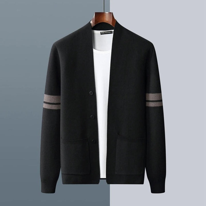 Mens Cardigans Merino Wool Blend Button-Up Stripe Sleeve Knit