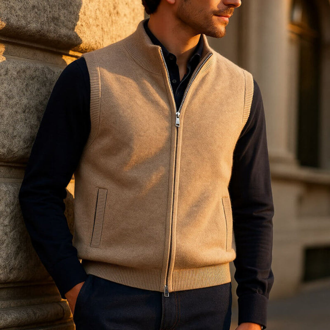 Men's Cashmere Full-Zip Knitted Vest Jumper Sleeveless