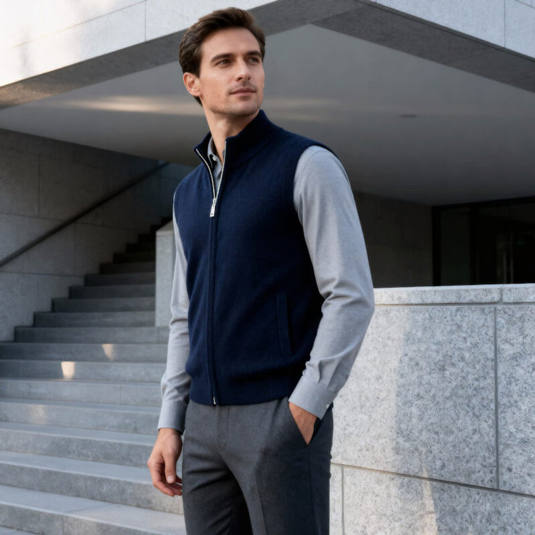 Men's Cashmere Full-Zip Knitted Vest Jumper Sleeveless