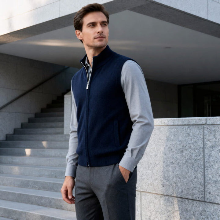 Men's Cashmere Full-Zip Knitted Vest Jumper Sleeveless
