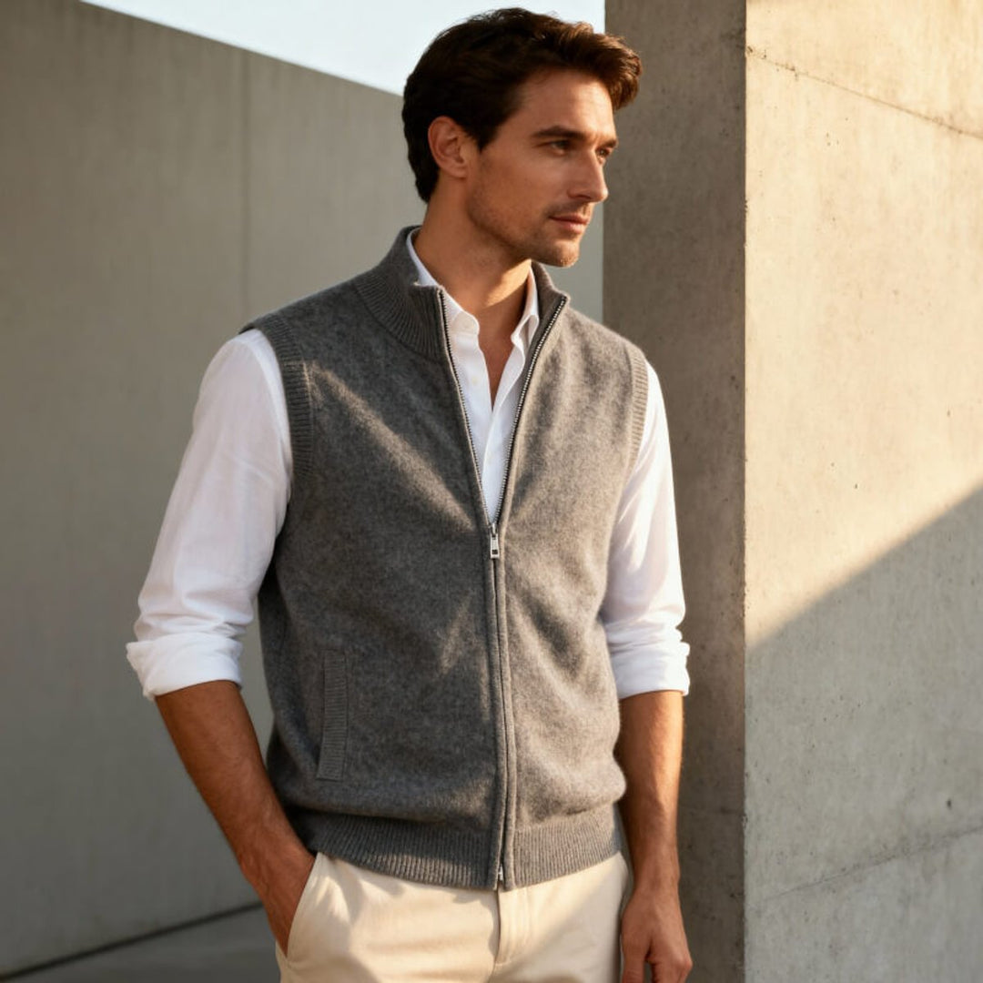 Men's Cashmere Full-Zip Knitted Vest Jumper Sleeveless