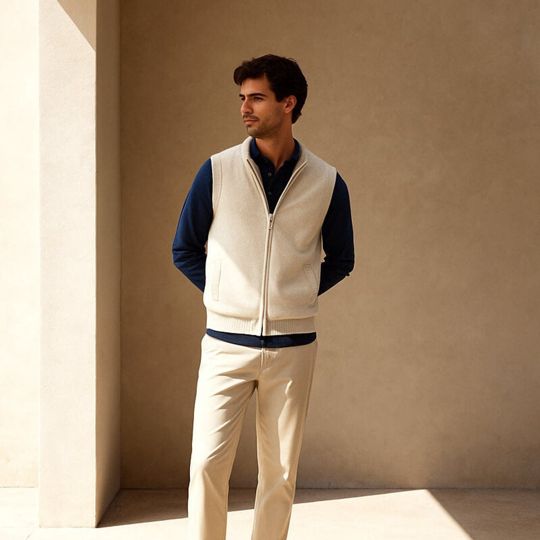 Men's Cashmere Full-Zip Knitted Vest Jumper Sleeveless