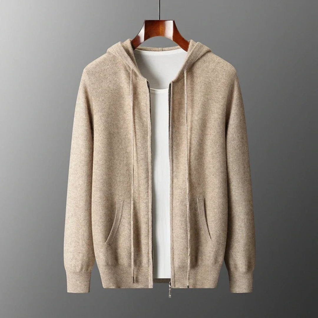 Men's Cashmere Knit Zip Hoodie Relaxed-Fit Ribbed-Cuff Jumper