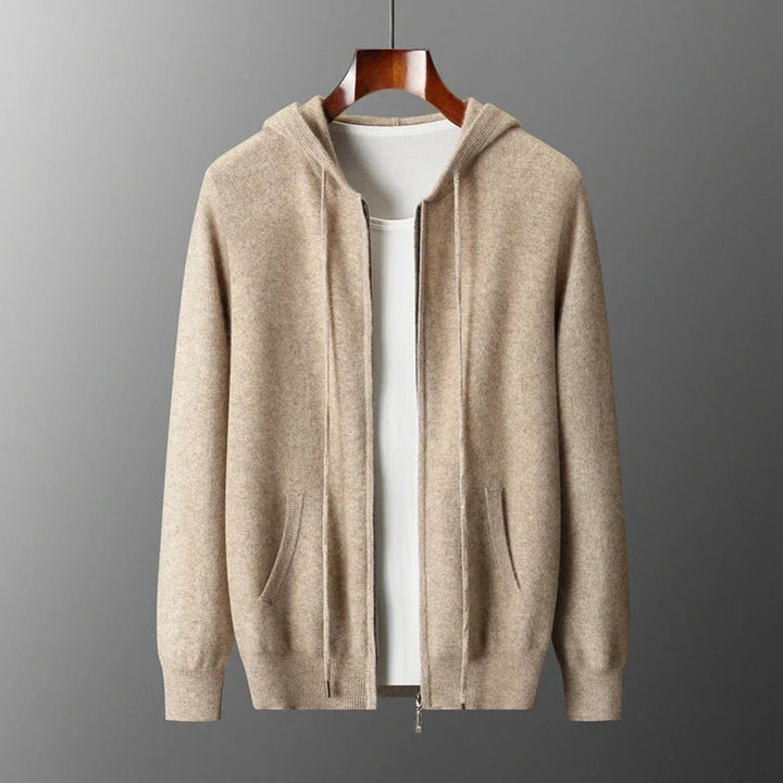 Men's Cashmere Knit Zip Hoodie Relaxed-Fit Ribbed-Cuff Jumper