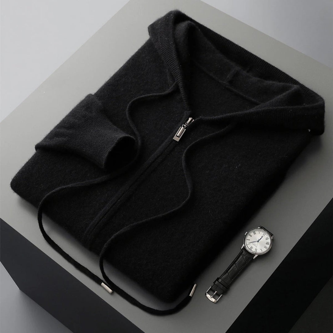 Men's Cashmere Knit Zip Hoodie Relaxed-Fit Ribbed-Cuff Jumper