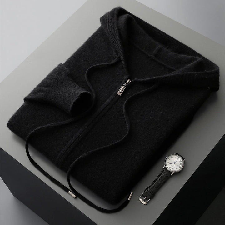 Men's Cashmere Knit Zip Hoodie Relaxed-Fit Ribbed-Cuff Jumper