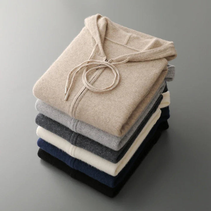 Men's Cashmere Knit Zip Hoodie Relaxed-Fit Ribbed-Cuff Jumper