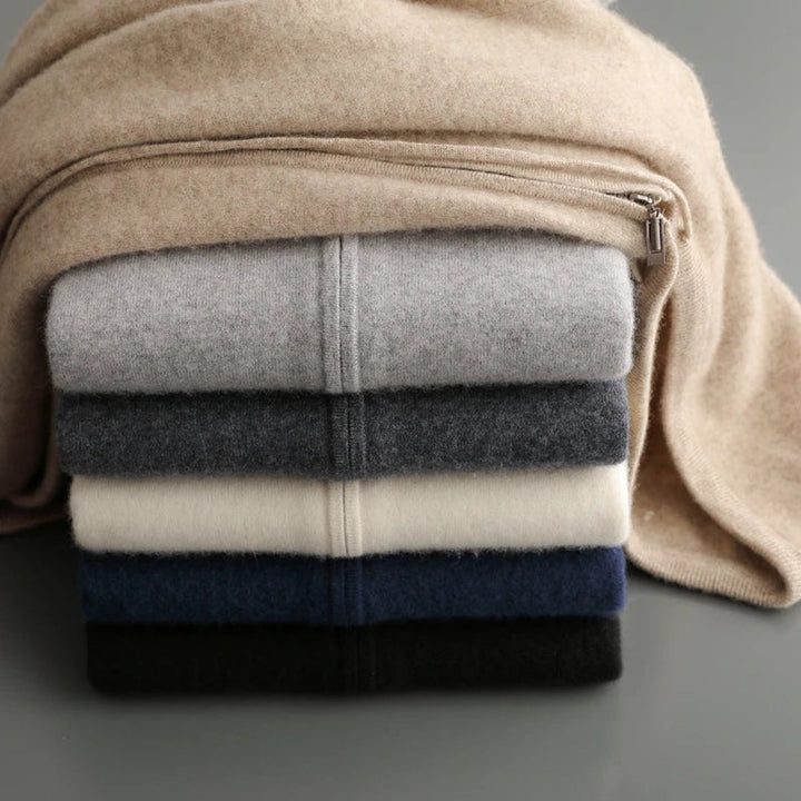Men's Cashmere Knit Zip Hoodie Relaxed-Fit Ribbed-Cuff Jumper