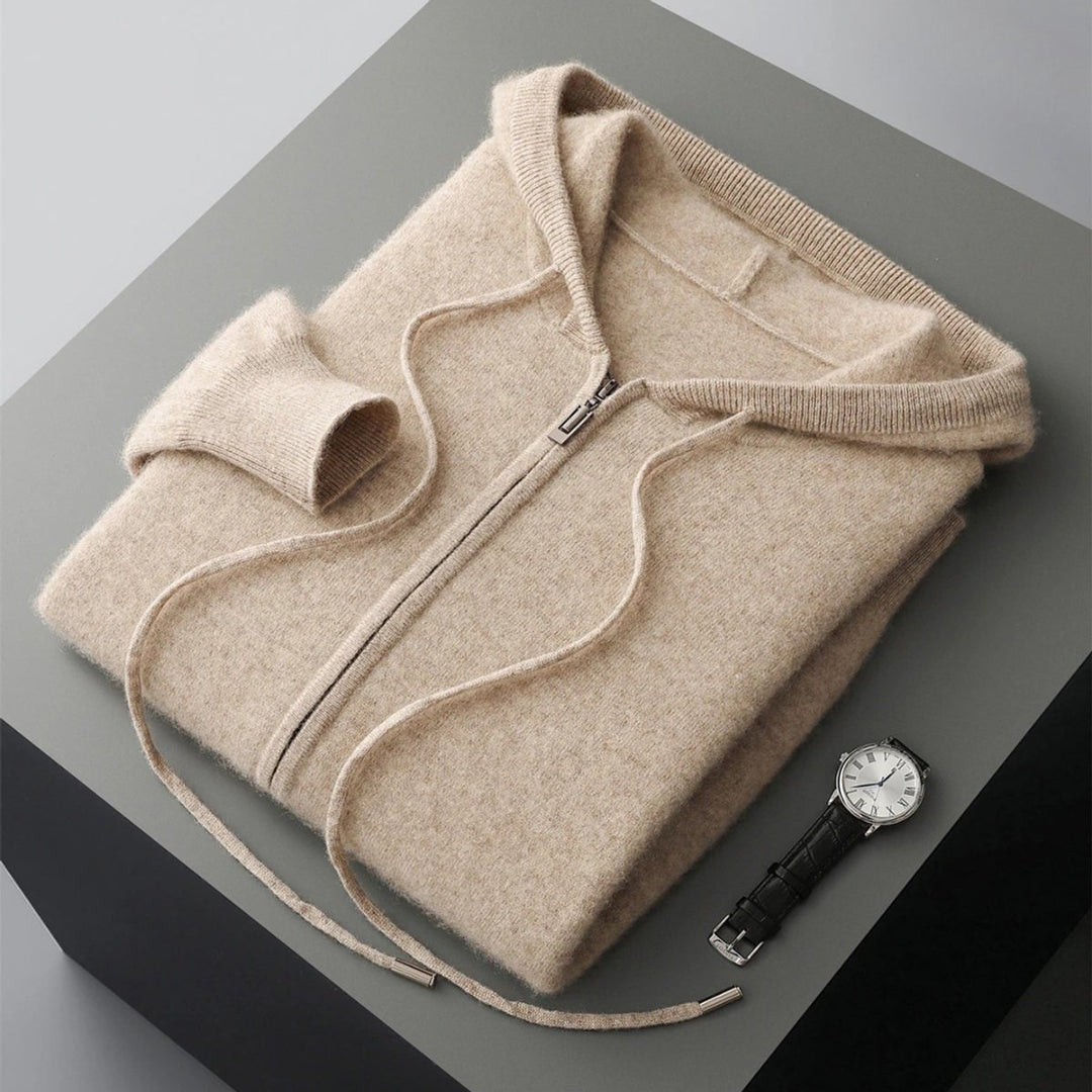 Men's Cashmere Knit Zip Hoodie Relaxed-Fit Ribbed-Cuff Jumper