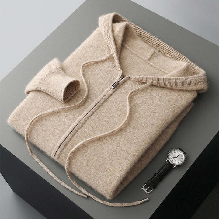 Men's Cashmere Knit Zip Hoodie Relaxed-Fit Ribbed-Cuff Jumper