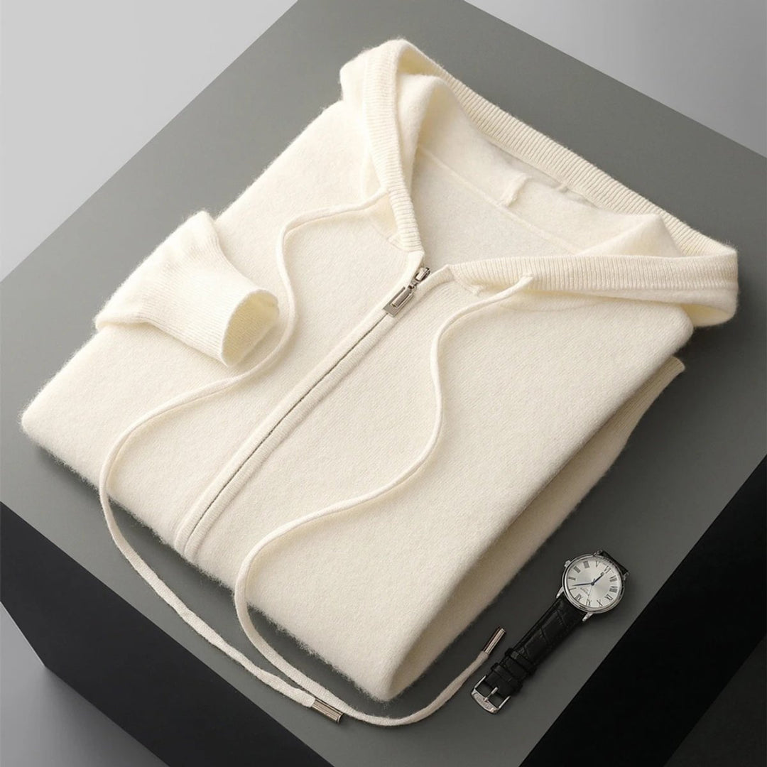 Men's Cashmere Knit Zip Hoodie Relaxed-Fit Ribbed-Cuff Jumper