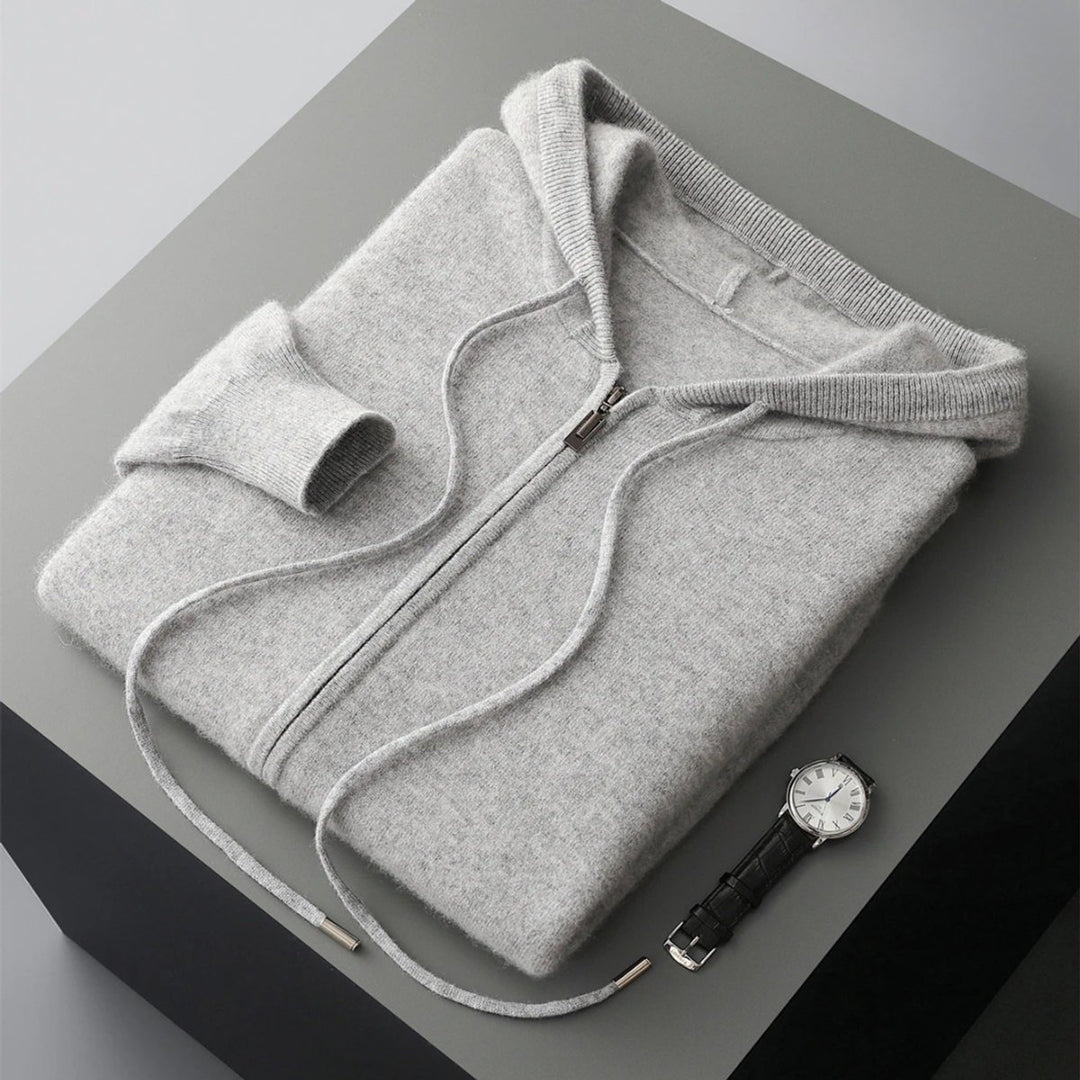Men's Cashmere Knit Zip Hoodie Relaxed-Fit Ribbed-Cuff Jumper