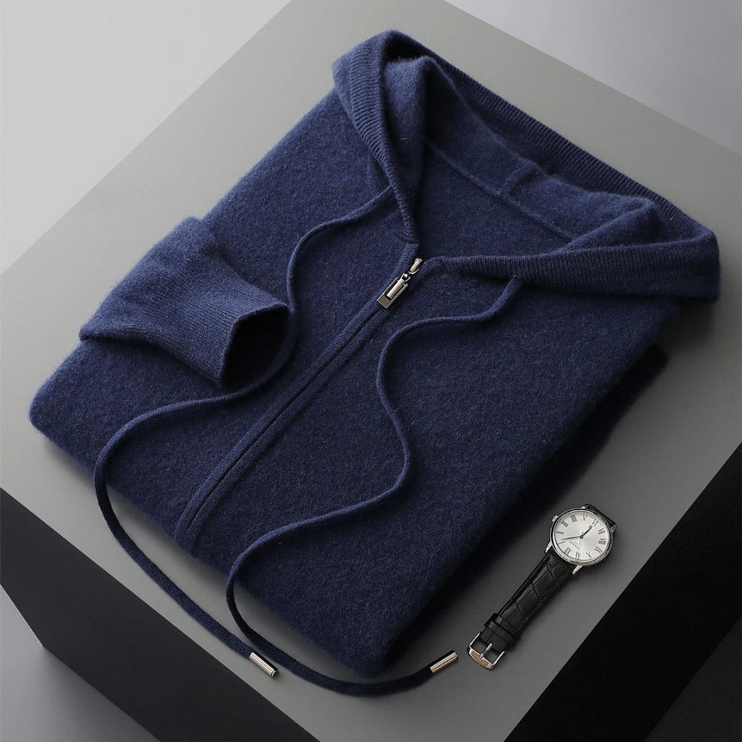 Men's Cashmere Knit Zip Hoodie Relaxed-Fit Ribbed-Cuff Jumper